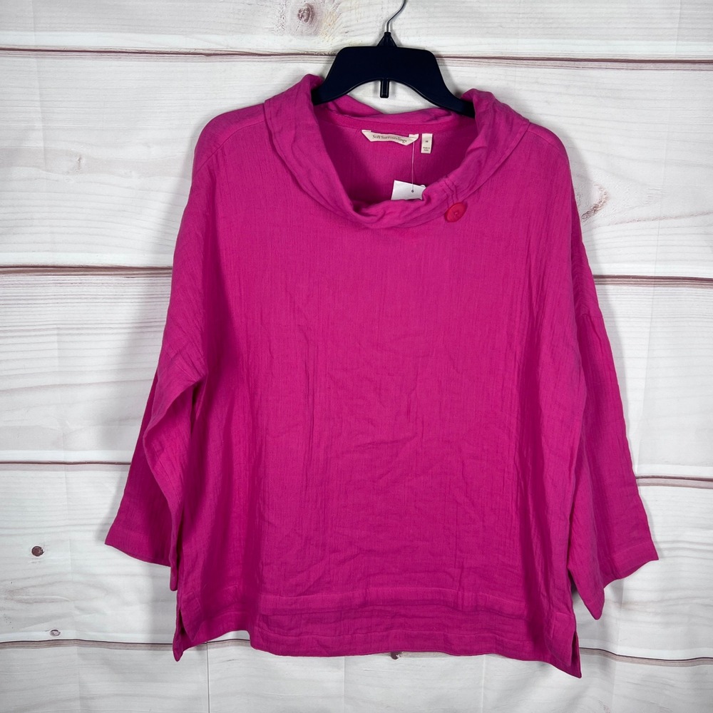 Soft Surrounding Top Women M Pink Cowl Neck Cotton Gauze 3/4 Sleeve Tunic Blouse